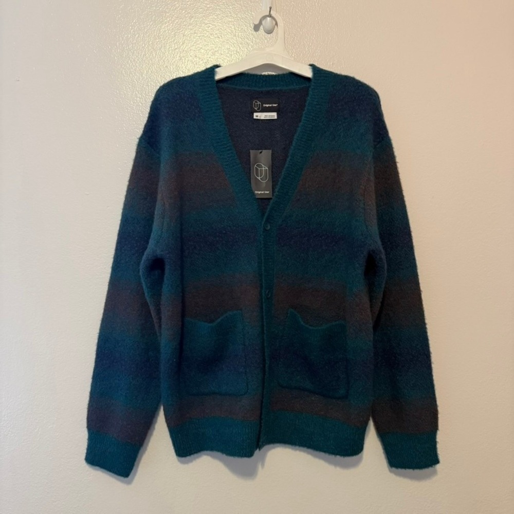 Original Use Mens Teal Ombre Striped Fuzzy Cardigan Sweater Size Medium
